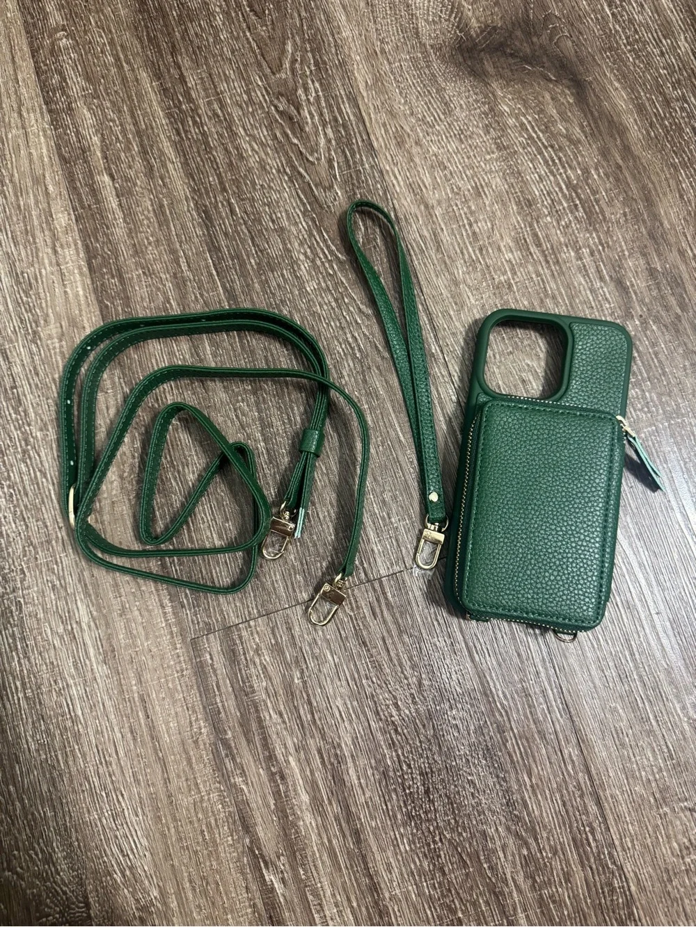 Green Leather Crossbody Phone Case with Wrist Strap